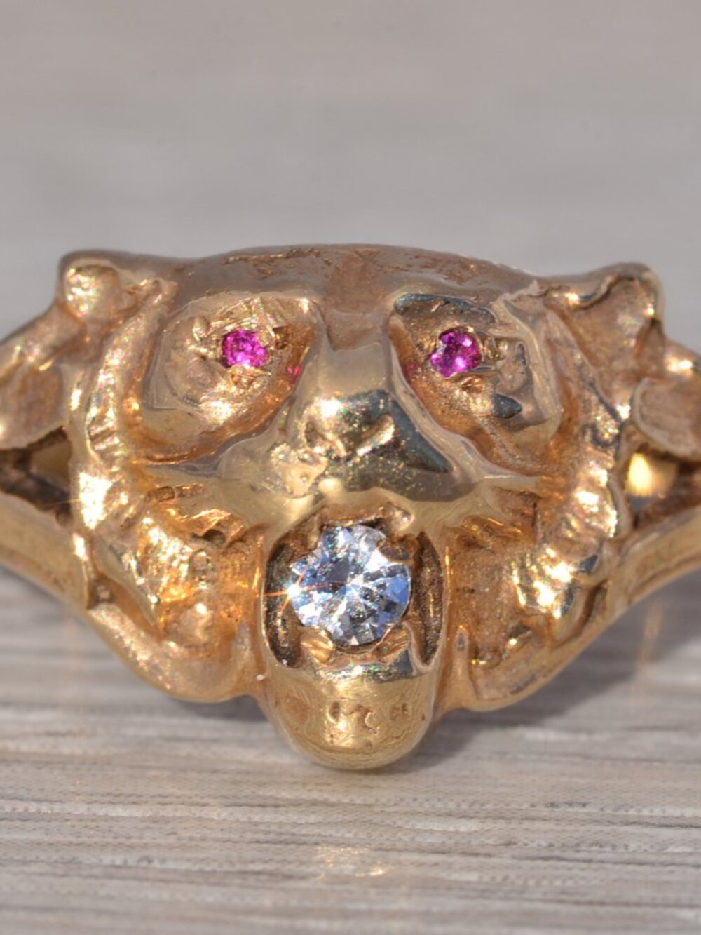 Diamond and Ruby Lion Ring in Yellow Gold
